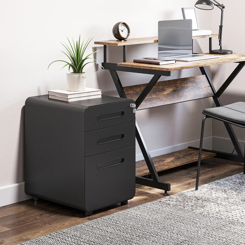 Vinsetto Rollcontainer mit 3 Schubladen mobiler Aktenschrank mit Rollen abschließbar Büroschrank mit Hängeregistratur Stiftfach, Bürocontainer Schreibtisch Unterschrank für Büro 39x48x59cm Schwarz