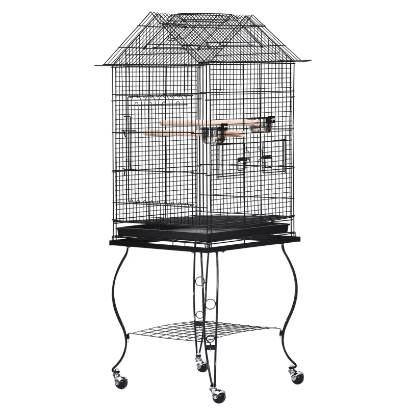 PawHut Jaula para Pájaros con Soporte y Ruedas Bandeja Extraíble 2 Comederos Repisa Inferior Metal para Canarios Periquitos Loros 53x53x147 cm Negro