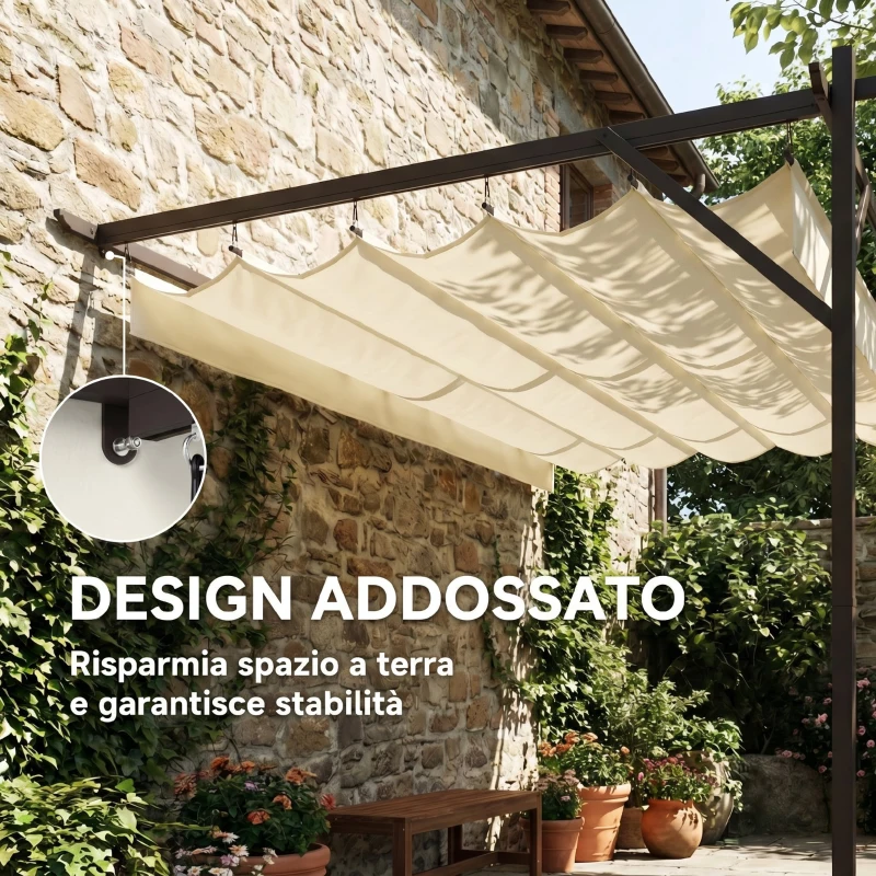 Outsunny Gazebo Pergola Addossata 3x4 m con Tetto Retrattile Scorrevole e Fori di Drenaggio, Bianco Crema