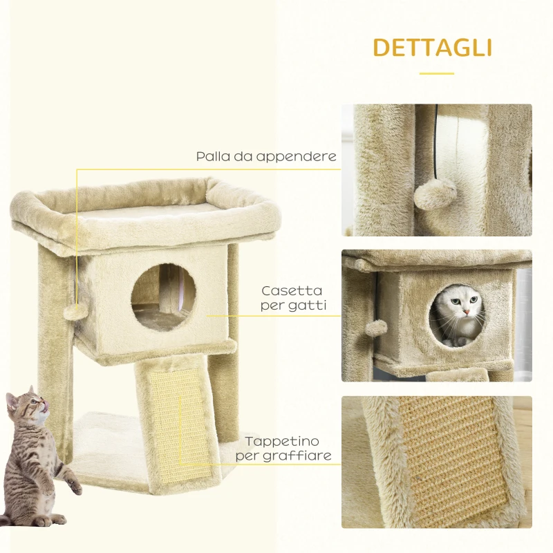 PawHut Albero per Gatti in Peluche con Casetta per Gatti e Lettino, Tiragraffi in Juta e Pallina, Marrone