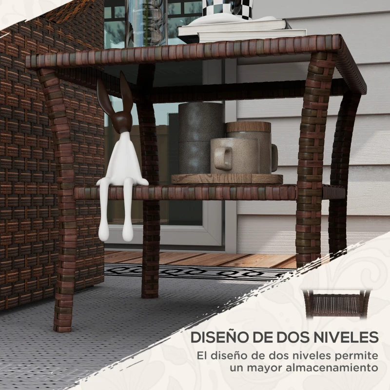 Outsunny Mesa de Ratán PE Cuadrada 50x50x45 cm Mesa de Jardín con Estante Encimera de Cristal y Marco de Acero Carga 30 kg Marrón