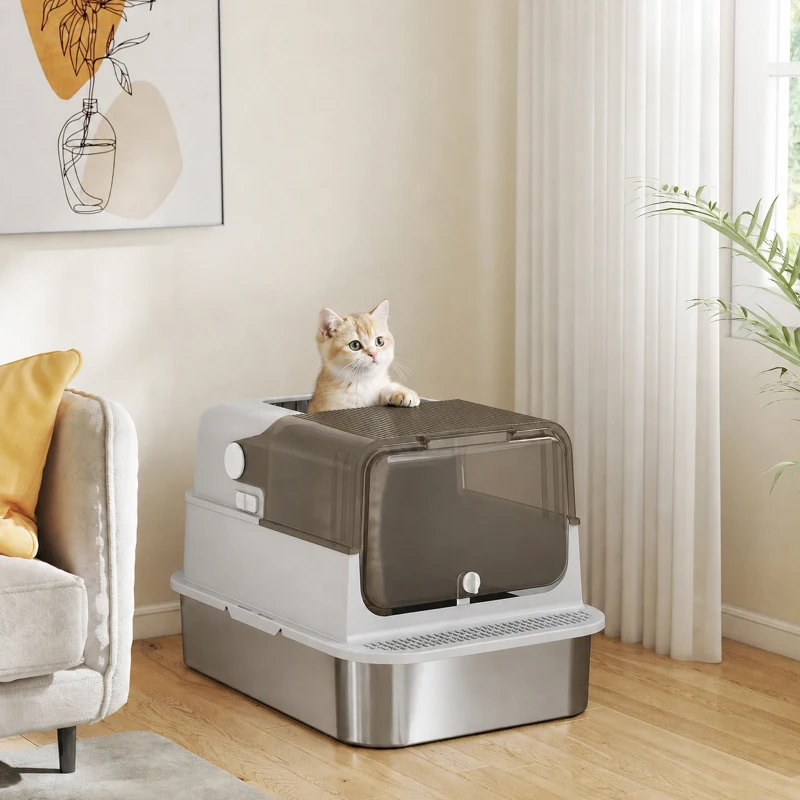 PawHut Arenero para Gatos de Acero Inoxidable XXL con Tapa Abatible Laterales Altos Entrada Superior Pala Gris