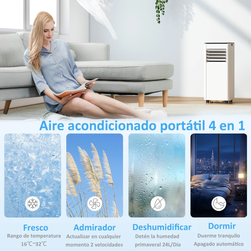 HOMCOM Aire Acondicionado Portátil 9000 BTU 4 en 1 Enfriamiento Deshumidificador Ventilador Temporizador para 28 m² Blanco