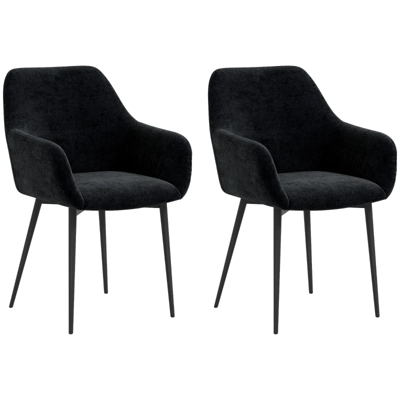 HOMCOM Set 2 Scaune Moderne pentru Sufragerie cu Brațe, Șezut Tapițat și Picioare din Oțel, 54x57x80 cm, Negru