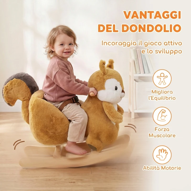 AIYAPLAY Dondolo per Bambini 1-3 Anni a Scoiattolo in Peluche, Suoni, Cintura di Sicurezza, Marrone
