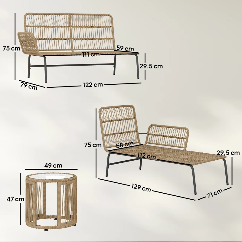 Outsunny Conjunto de Muebles de Jardín Exterior de Ratán con Sofá de 2 Plazas Chaise Longue Cojines y Mesa Auxiliar Crema