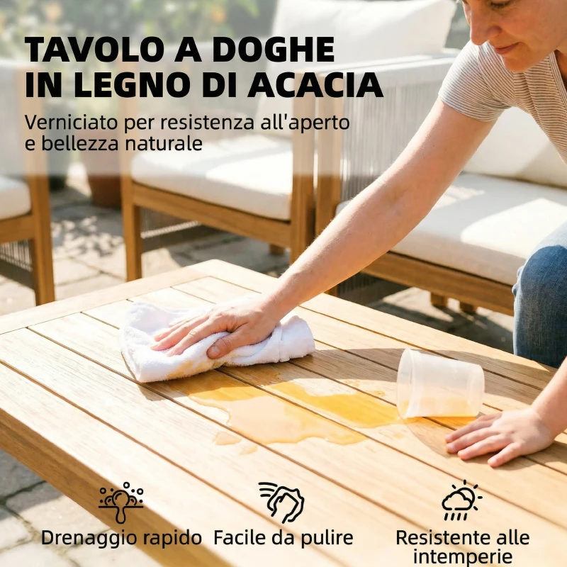Outsunny Salotto da Giardino 4pz con Divanetto 2 Posti, 2 Poltrone e Tavolino a Doghe in Legno di Acacia Beige