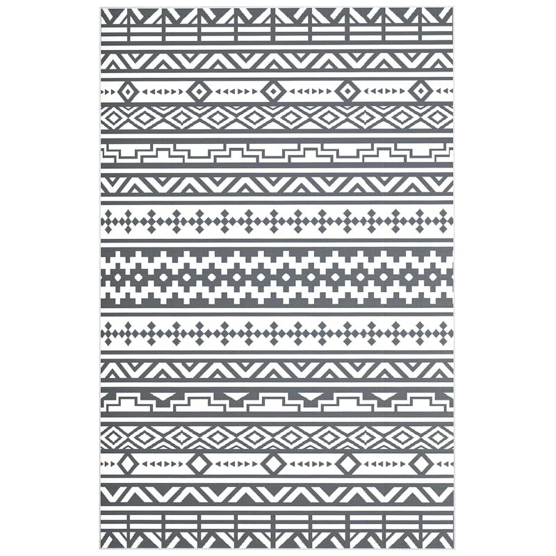 Outsunny Alfombra de Exterior Reversible 182x274 cm con Patrón Geométrico de Cenefa Impermeable con Bolsa Gris y Blanco