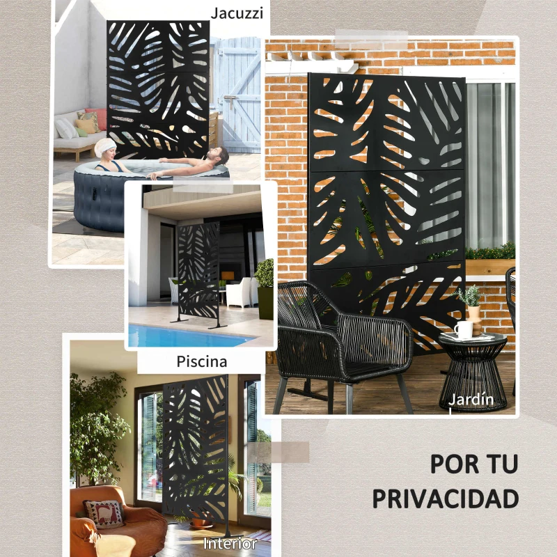 Outsunny Biombo de 3 Paneles 122x198 cm Biombo Separador de Ambientes con Soporte Diseño de Hojas Negro