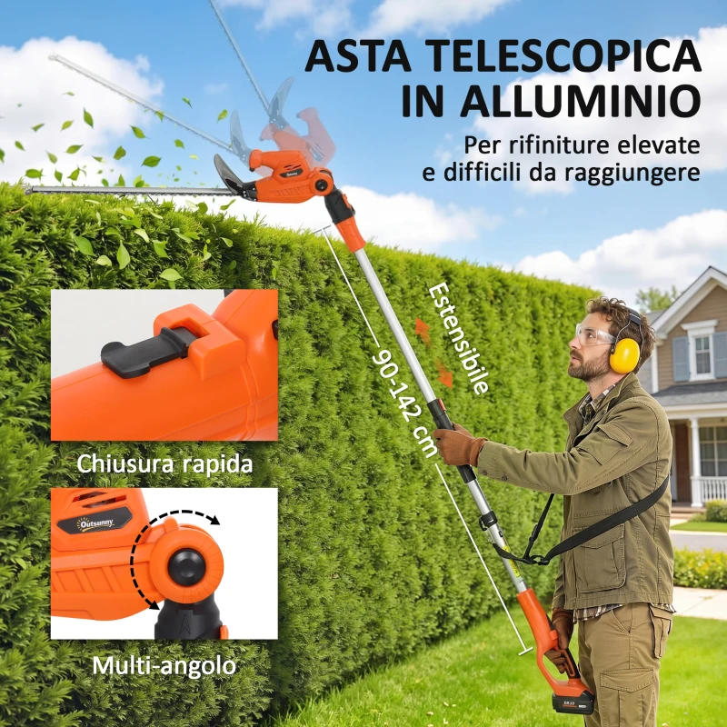 Outsunny Tagliasiepi a Batteria con Asta Telescopica e Presa di Sicurezza, 112.5x15x14.5 cm, Arancione