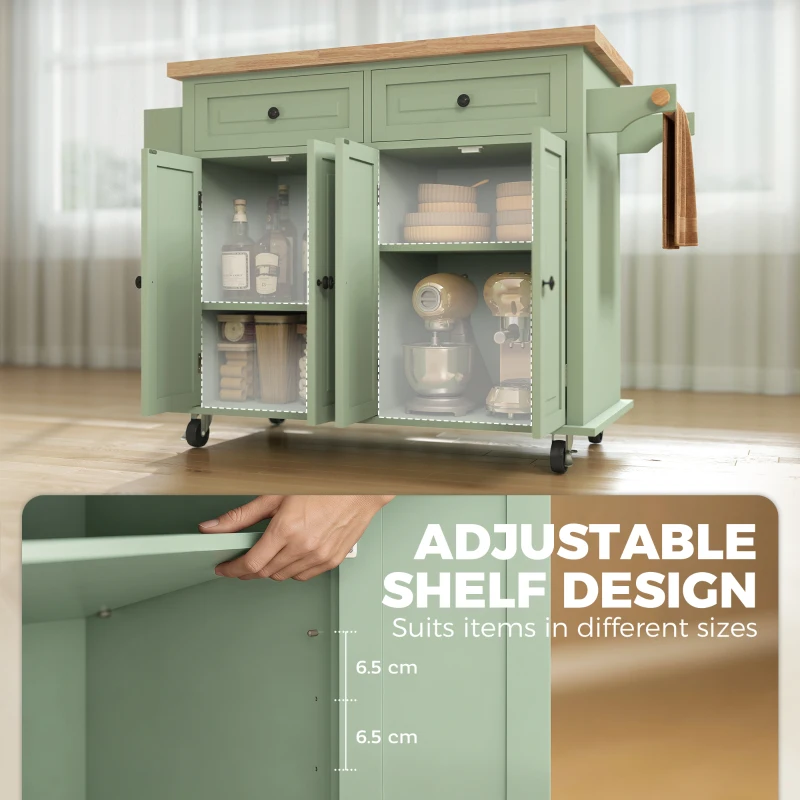 HOMCOM Rolling Kitchen Island Storage Trolley with Rubber Wood Top & Drawers for Dining Room, Light Green