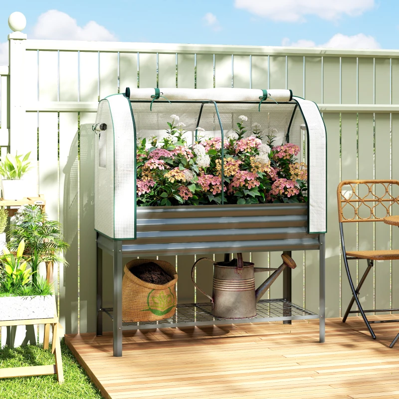 Outsunny Huerto Urbano Elevado con Cubierta de Invernadero y Estante Inferior para Cultivo Plantas 120x55x140 cm Gris Oscuro