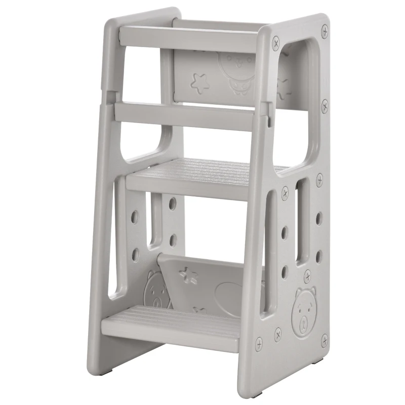 HOMCOM Torre de Aprendizaje para Niños Taburete Infantil con Altura Ajustable en 3 Posiciones para Cocina Baño 47x47x90 cm Gris