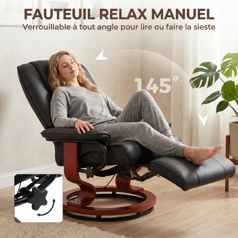 HOMCOM Poltrona Relax Reclinabile Manualmente fino 145° con Poggiapiedi e Rivestimento in Finta Pelle, Nero