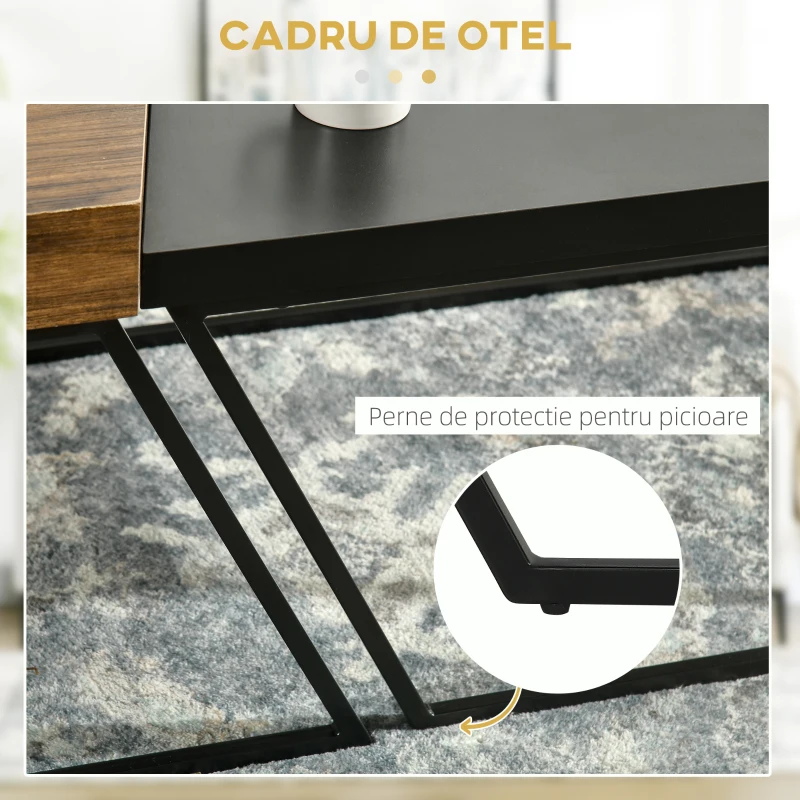 HOMCOM Set 2 măsuțe de cafea din lemn stratificat și oțel, Masă Neagră 80x60x42 cm și Masă Maronie 60x60x46 cm
