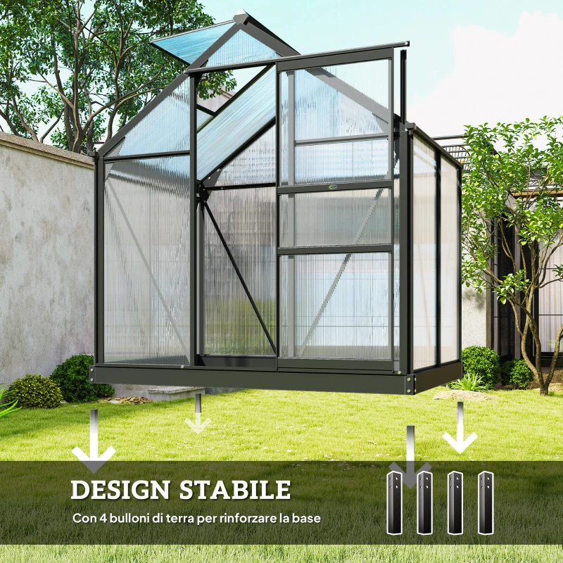 Outsunny Serra da Giardino in Policarbonato e Alluminio con Porta Scorrevole e Finestra, 190x132x201 cm, Grigio