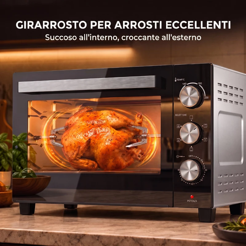 HOMCOM Forno Elettrico 1500W 36L con Temperatura Regolabile Max 230°, Timer 60 min, Griglia, Teglia, Manico per Teglia