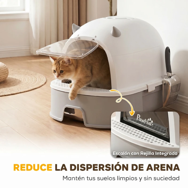 PawHut Arenero para Gatos L Caja de Arena para Gatos con Tapa Extraíble y Bandeja de Acero Inoxidable Extraíble Pala Gris