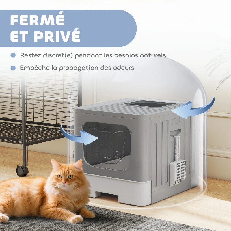 PawHut Maison de Toilette pour Chat, Tiroir Coulissant, Couvercle, 2 Portes Réglables, Pelle, Détachable, 48x38x38,5cm, Gris