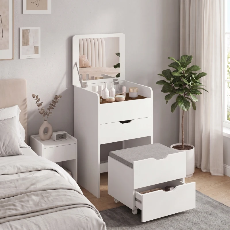 HOMCOM Toeletta 3 in 1 con Specchio Ribaltabile e Sgabello, con Cassetti, Bianco