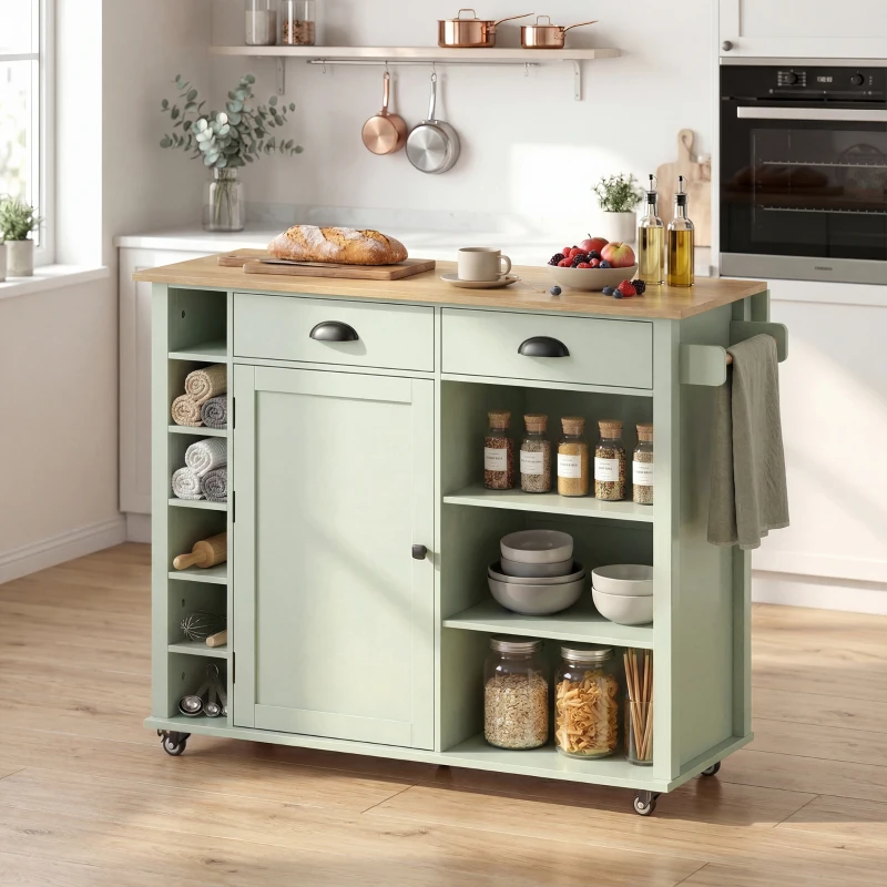 HOMCOM Ilha de Cozinha com Rodas Tampo Rebatível Suporte para Especiarias Prateleiras na Porta Armário 2 Gavetas 117,5x70x91 cm Verde Claro