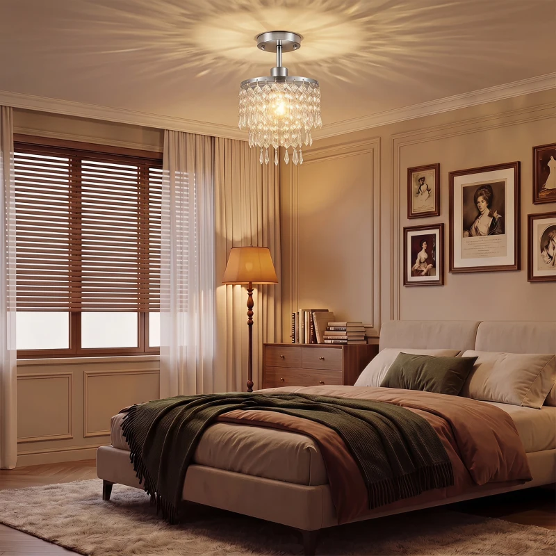 HOMCOM Crystal Ceiling Light with 57 Crystal Strands, Ceiling Light with Mounting Plate for Hallway, Silver Tone