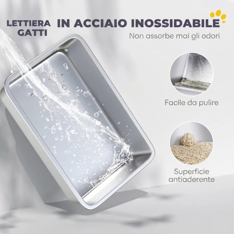 PawHut Lettiera per Gatti XXL in Acciaio Inox con Paletta, Lati Alti, Antiperdita, Antiodore, Fino a 12 kg, Grigio