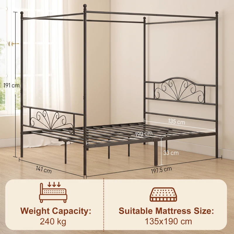 HOMCOM Canopy Bed Frame Double Size, Metal Platform Bed Frame with Headboard and Footboard, Underbed Storage, Black