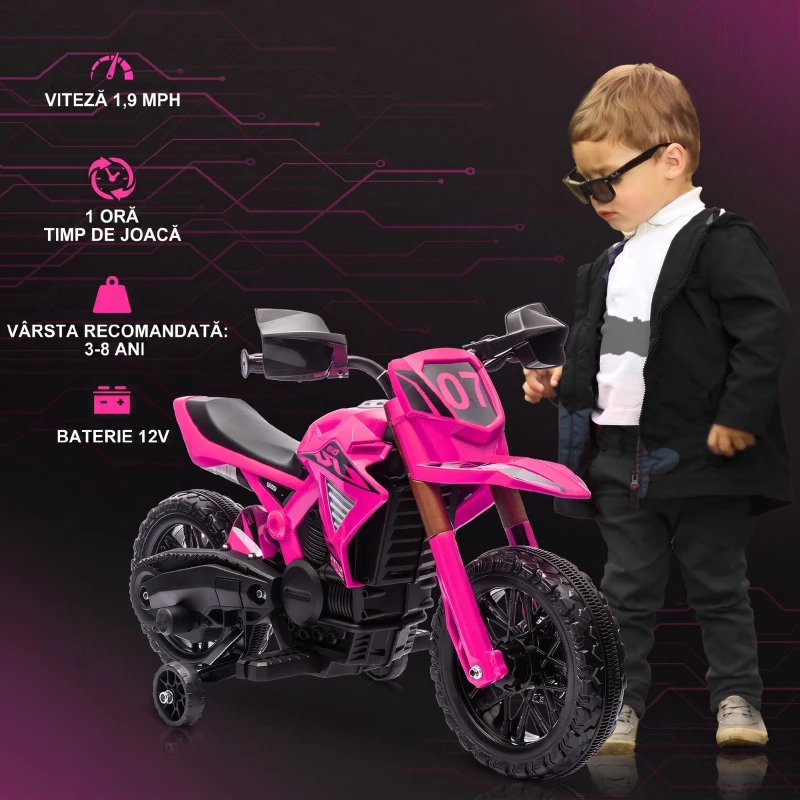 AIYAPLAY Motocicletă Electrică pentru Copii 3-8 Ani, 2 Motoare 12V, cu Roți Ajutătoare și Claxon, 3 Km/h, 30 Kg, Roz