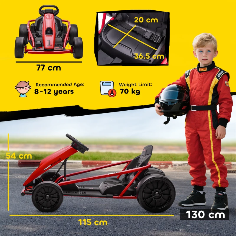 HOMCOM 24V elektrische go-kart voor kinderen, tot 13 km/u, met driftfunctie, 2 motoren, rood, 8-12 jaar