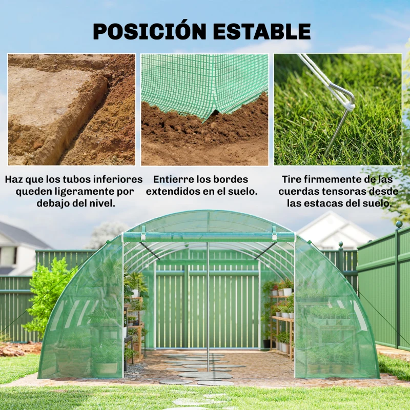 Outsunny Invernadero de Túnel con 2 Varillas de Soporte 2 Puertas Enrollables y Ventanas de Malla Cubierta de PE Anti-UV Verde