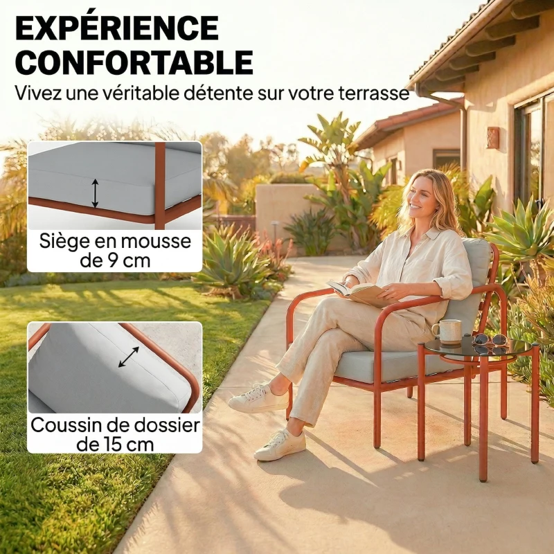 Outsunny Salon de Jardin 3 Pièces, 2 Fauteuils, 1 Table Basse, Coussins Épais, Plateau en Verre Trempé, 63x77x76cm, Rouge Vineux