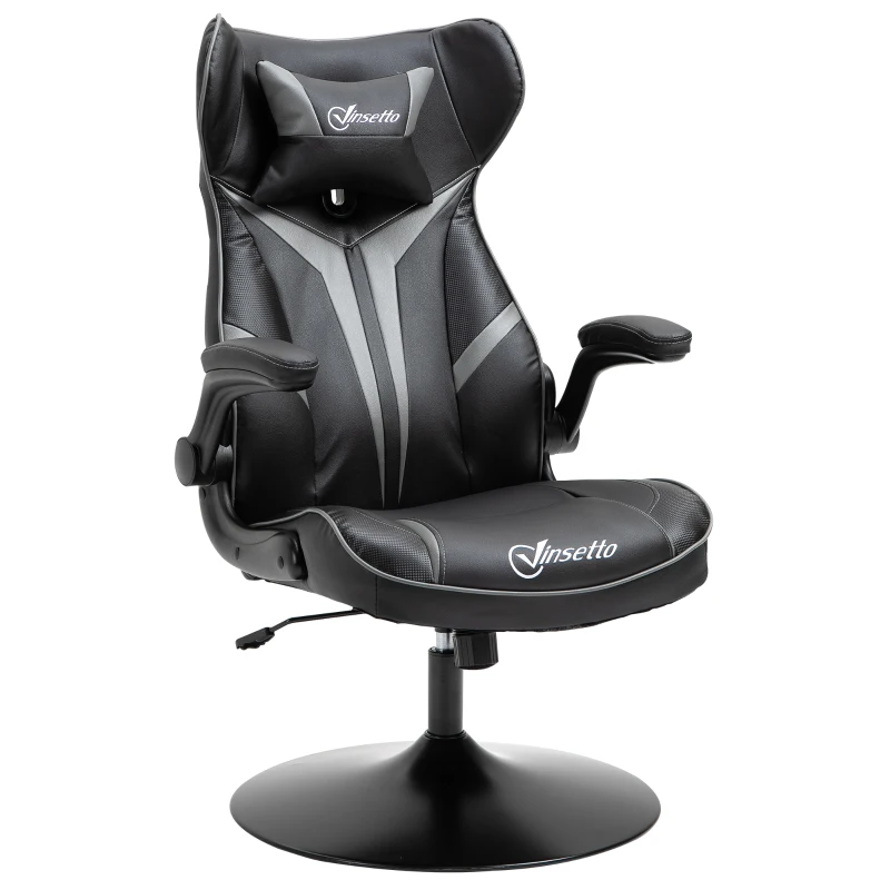 Vinsetto Fauteuil gamer chaise de jeu gaming pivotante 360° ergonomique hauteur réglable accoudoirs revelables coussin têtière inclus revêtement similicuir 67 x 70 x 106-112 cm gris clair et noir