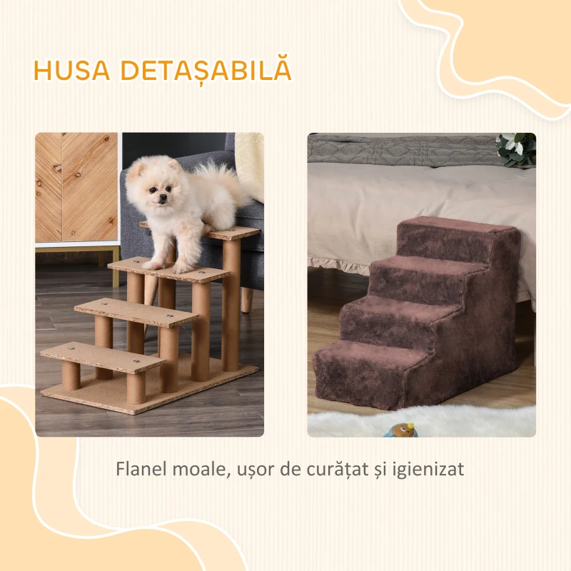 PawHut Scară pentru Câini cu 4 Trepte, Învelitoare Detașabilă și Lavabilă, Portabilă, 60x35x44 cm, Maro
