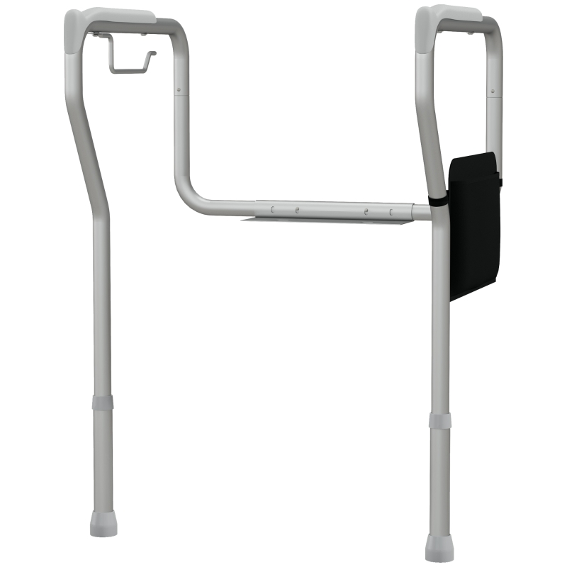 HOMCOM Barra de Seguridad para Inodoro con Asas Antideslizante Bolsillo Anchura y Altura Ajustable 55-62x47x64-74 cm Plata