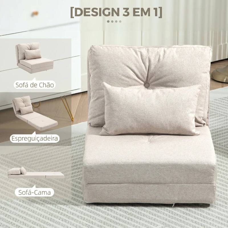 HOMCOM Sofá-Cama Individual Dobrável Estofado em Linho com Encosto Ajustável 5 Posições e 1 Almofada Bege