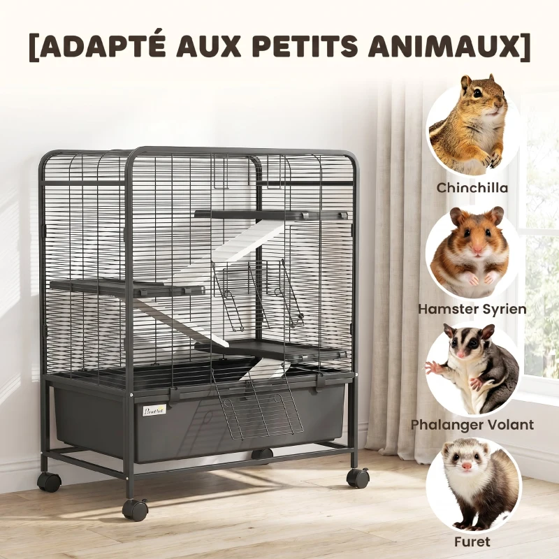 PawHut Cage pour Rongeurs sur Roulantes, 4 Niveaux, 3 Plateformes, 3 Rampes, Bouteille d'Eau, 75x46x94,5cm, Noir
