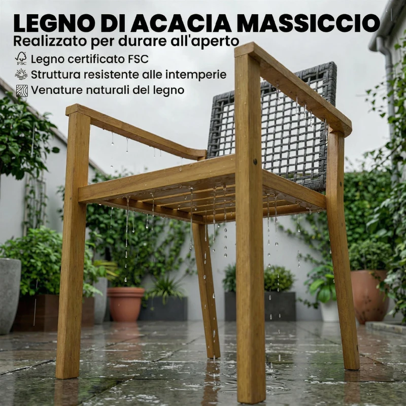 Outsunny Set 2 Sedie da Giardino Impilabili in Legno di Acacia con Cuscini, 59x55x86 cm, Grigio e color Legno