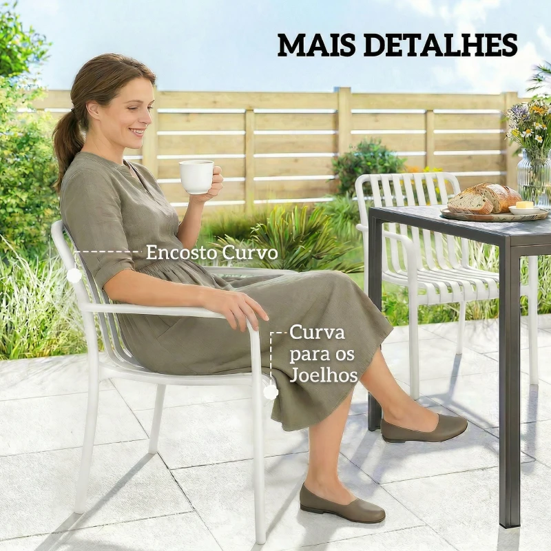 Outsunny Conjunto de 4 Cadeiras de Jardim Exterior Empilháveis de PP com Encosto Curvado Assento com Ripas 55x58,5x81,5 cm Branco