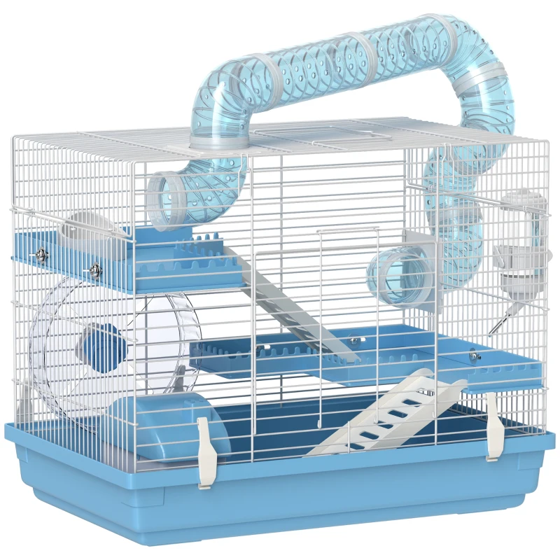 PawHut Cage pour hamster portable avec cabane, roue de course, gamelle, bouteille d'eau, 47,5 x 31,5 x 29,5 cm, bleu clair