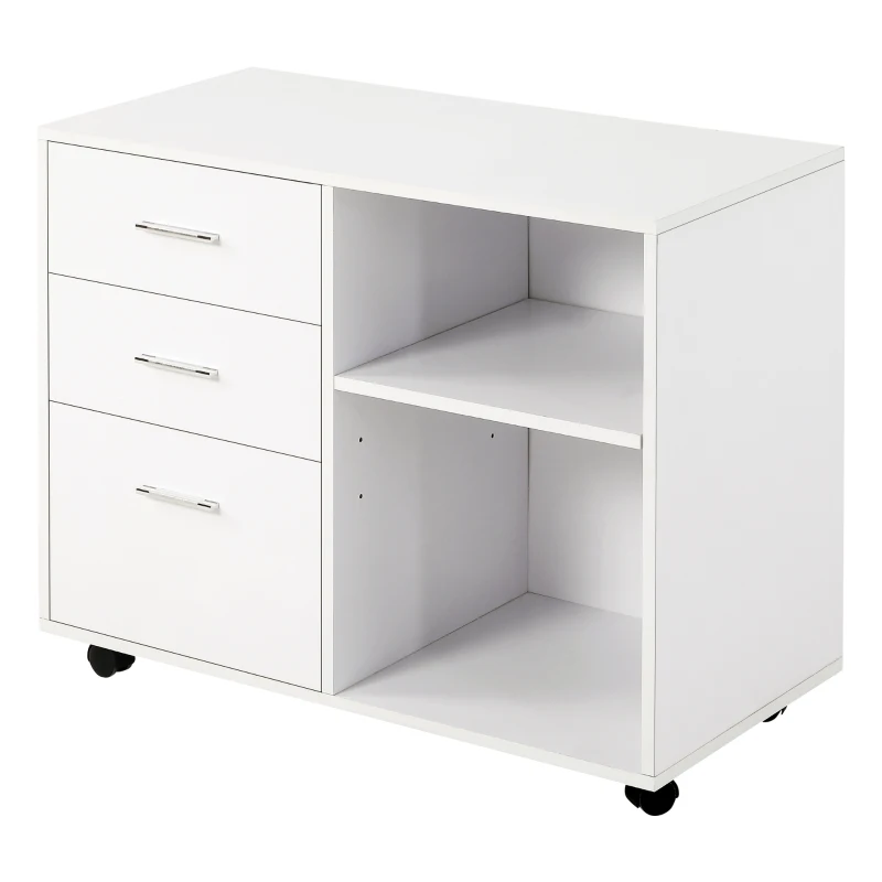 HOMCOM Mobile Porta Stampante con 3 Cassetti in Legno, Mobile Ufficio Multiuso con 4 Ruote e Ripiani Aperti, 80x40x65cm, Bianco