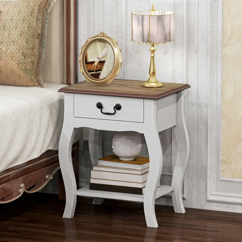 HOMCOM Comodino con Cassetto e Ripiano Aperto in Stile Francese in Legno, 45x35x55 cm, Bianco e Rovere