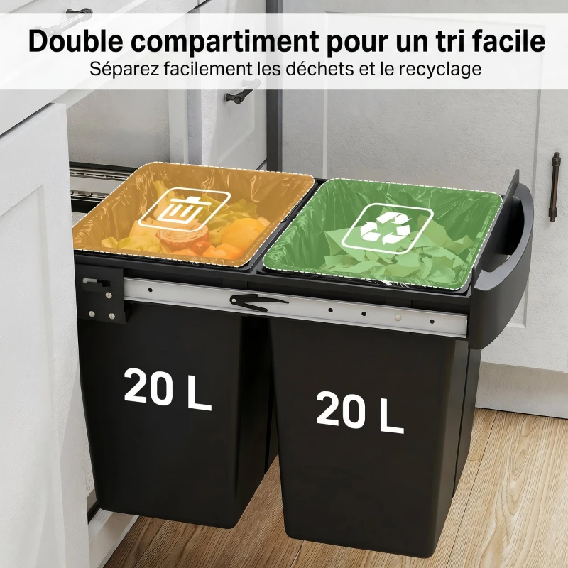 HOMCOM Poubelle sous évier coulissante, poubelle de tri sélectif, 2 x 20L, seaux intérieurs amovibles, 52 x 33,5 x 41 cm, noir