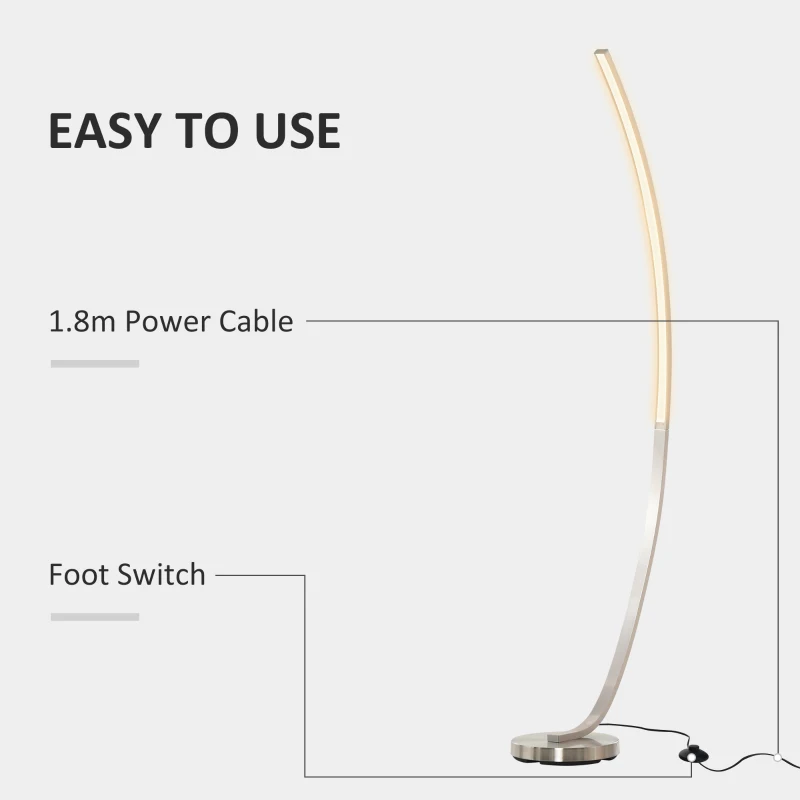 HOMCOM Aluminium Arc Floor Lamp, Futuristic Indoor Standing LED Light Home Ambience w/ Round Base Foot Switch, Living Room Bedroom Office Lounge, Silver Tone