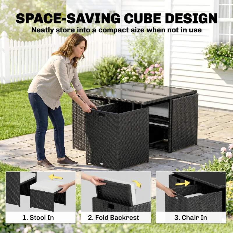 Outsunny 9 Piece Rattan Cube Garden Furniture Dining Set with Armchairs, Footstools and Glass-Top Table, Black