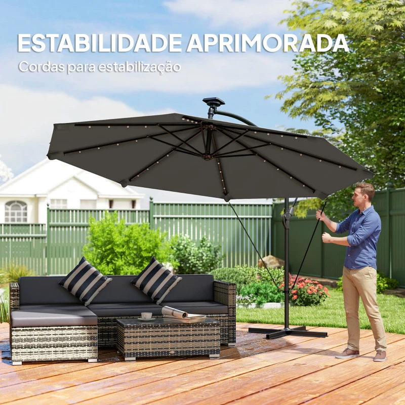 Outsunny Chapéu de Sol Excêntrico com Luzes LED Solares Ø345 cm Base Cruzada Manivela Capa Protetora Cinza Escuro