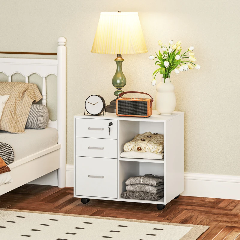 HOMCOM Cassettiera Portadocumenti da Ufficio con 3 Cassetti, Ruote, Serratura e Chiavi, 60x40x56 cm, Bianco