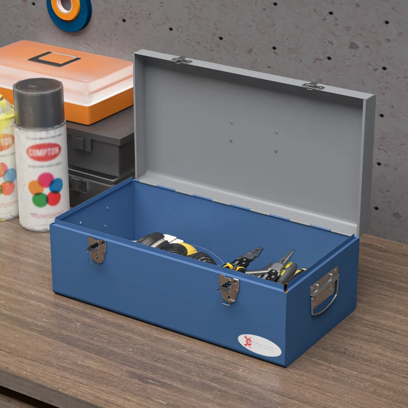 DURHAND Caisse boite à outils en métal transportable avec 3 poignées, 2 loquets, dim. 50L x 26l x 18,5H cm, bleu