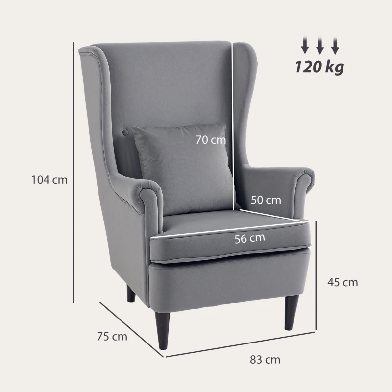 HOMCOM Modern Accent Chair with High Backrest and Pillow, Velvet-Feel Fabric Reading Chair with Solid Wood Legs, Grey