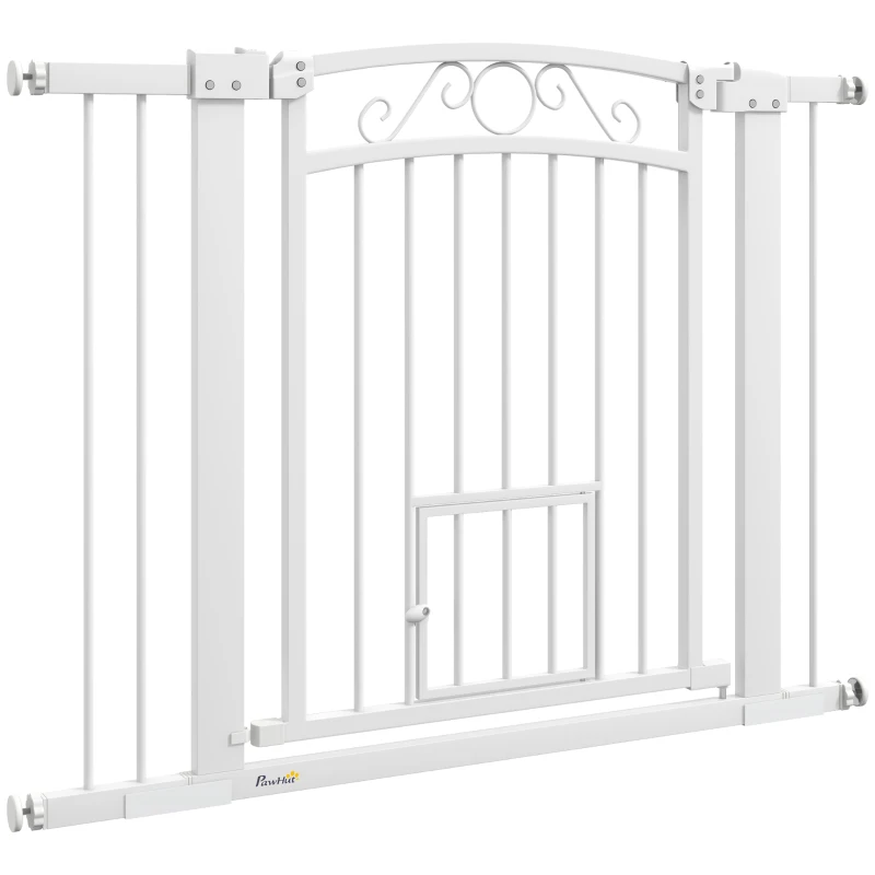 PawHut Cancellino per Cani Regolabile con Estensioni, Porta per Gatti e Apertura a Una Mano, 76-104x77cm, Bianco